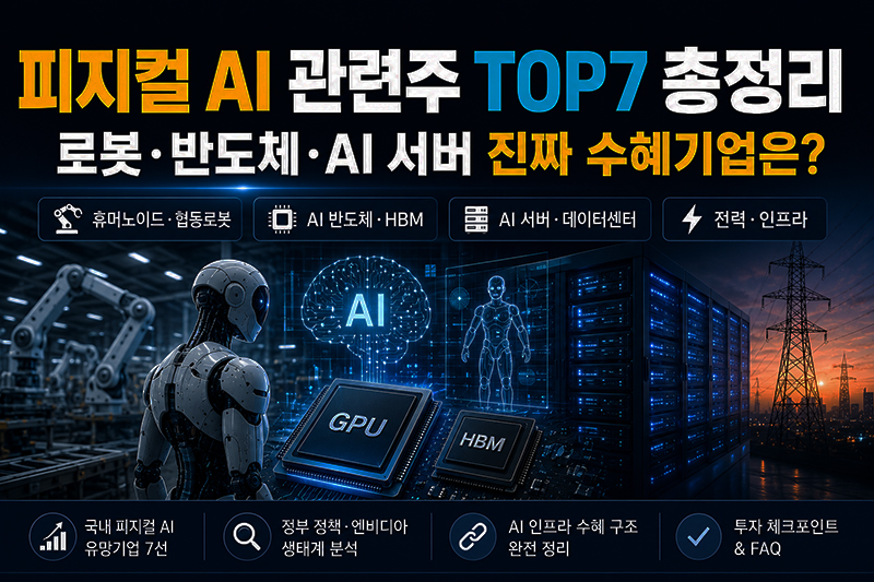피지컬 AI 관련주 TOP7 총정리, 휴머노이드 로봇과 AI 반도체, HBM, AI 서버, 데이터센터, 전력 인프라 수혜기업을 한눈에 보여주는 대표 이미지