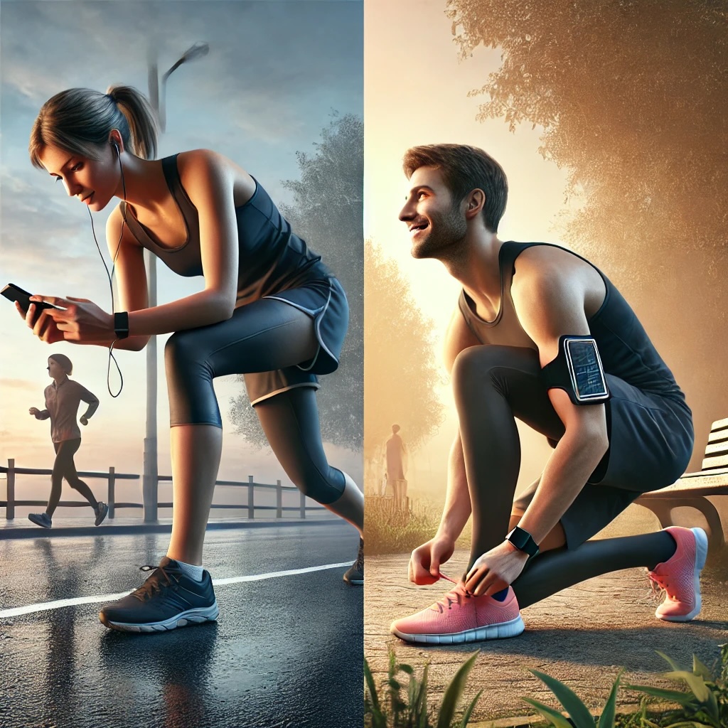 러닝 초보가 러닝을 철저하게 준비하는 모습과 고수가 러닝을 자연스럽게 즐기는 모습을 비교하여 보여주는 이미지 사진
