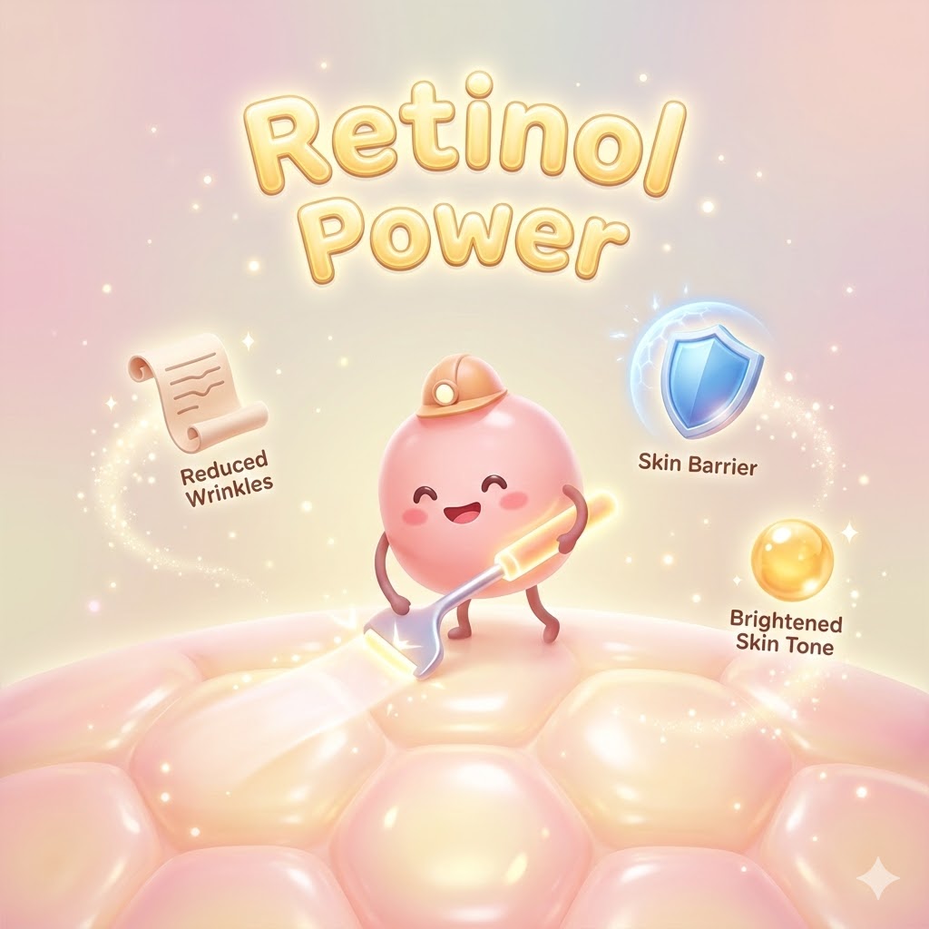 환하게 빛나는 피부 위에서 활기차게 일하는 귀여운 피부 세포 캐릭터가 주름 개선과 피부톤 개선을 상징하는 물건들을 들고 있는 모습.