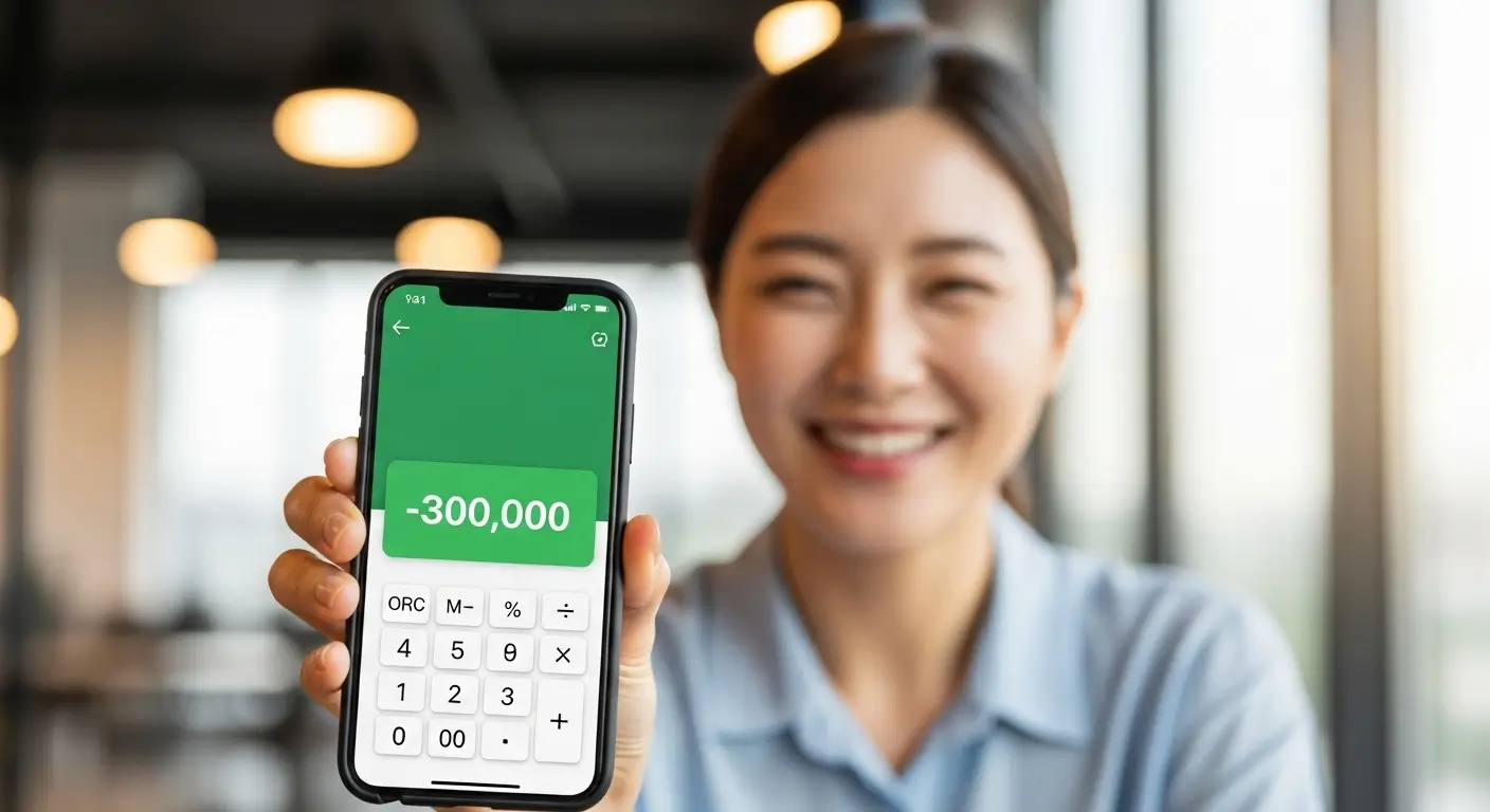 한 직장인이 스마트폰 계산기 앱으로 대환대출 후 줄어든 월 이자를 확인하고 활짝 웃는 모습