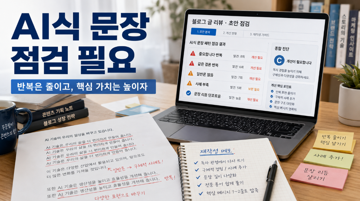 AI 초안의 반복 문장과 일반론을 줄이기 위해 블로그 글을 점검하는 상황 이미지