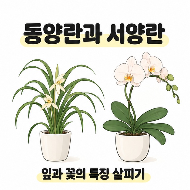 동양란과 서양란을 살펴보자는 문구와 가느다란 잎의 난, 넓은 꽃의 난 그림