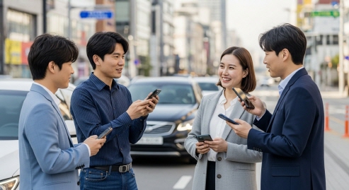 밝은 한국의 거리에서 시민들이 모바일로 차량 등록을 하며 서로 대화하는 모습