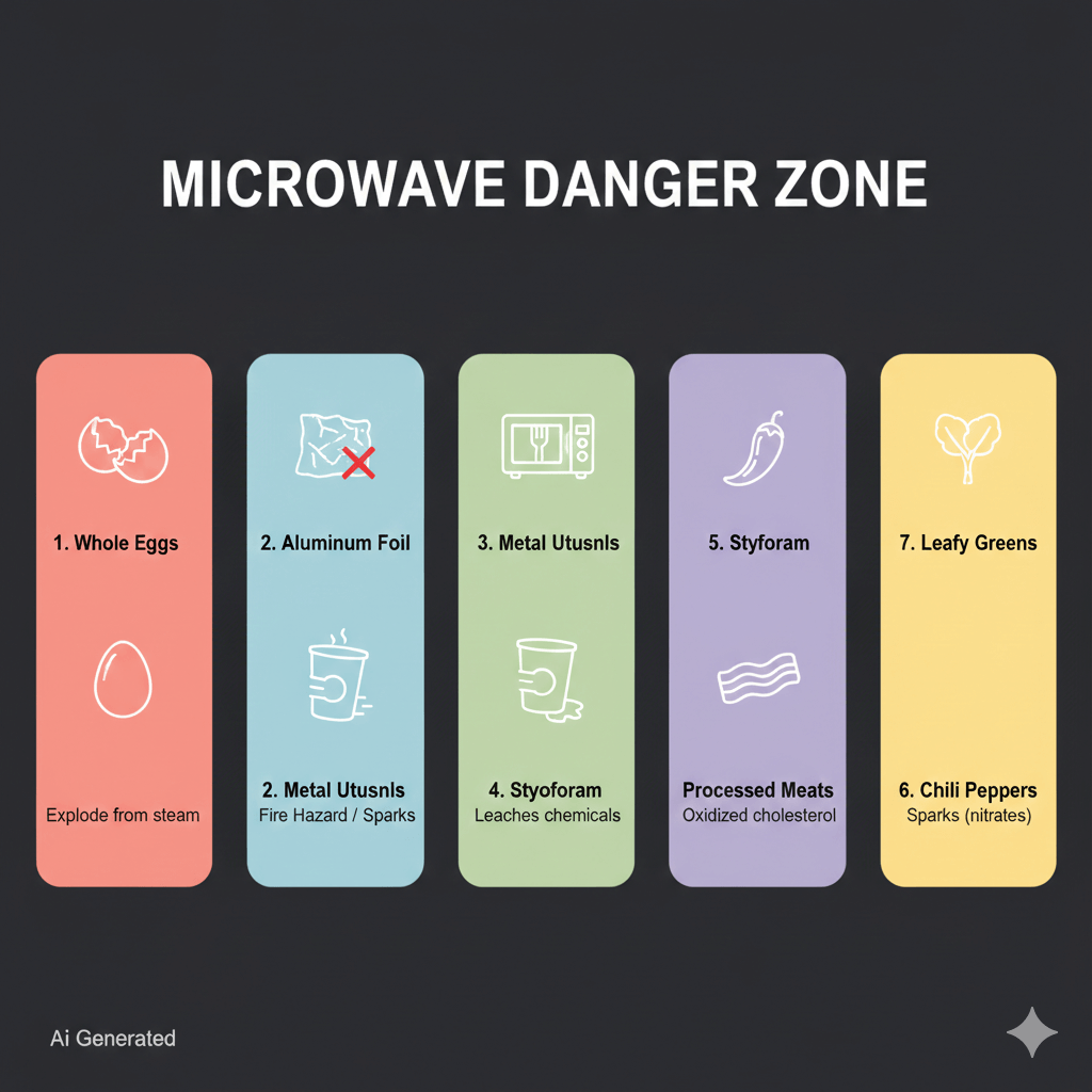전자레인지 사용 시 주의해야 할 7가지 금지 품목 요약 인포그래픽