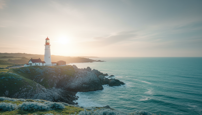 2025년 추천 등대 여행지, 푸른 바다를 배경으로 빛나는 하얀 등대의 평화로운 전경.