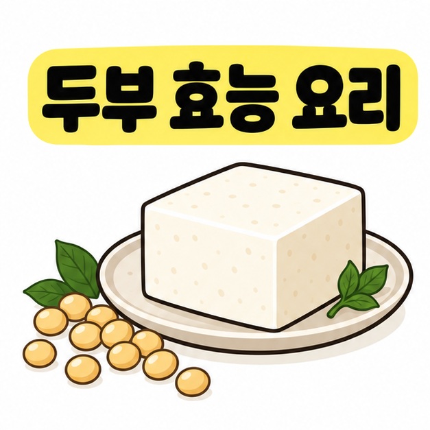 두부 효능 요리 제목과 두부 한 모, 콩을 함께 보여주는 그림