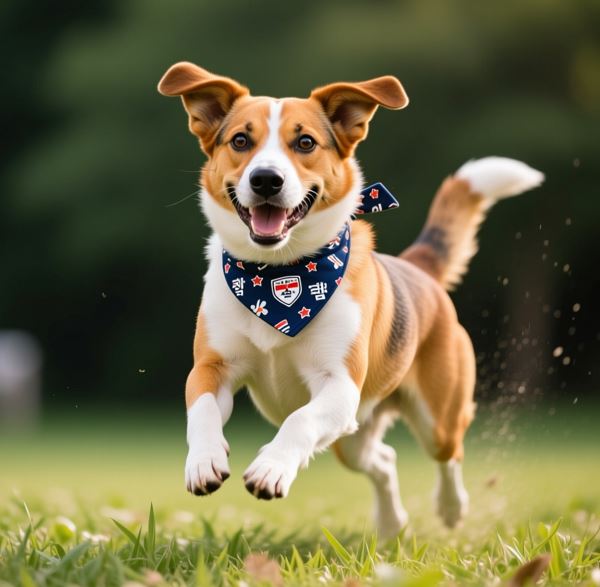넥카라를 하고 즐겁게 풀밭을 뛰고 있는 강아지