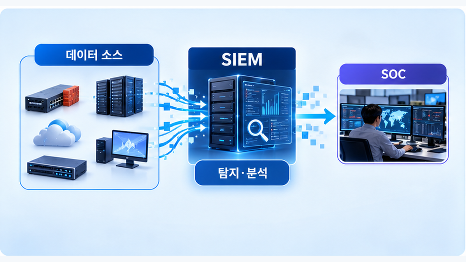 여러 IT·보안 데이터 소스가 SIEM에 모여 탐지와 분석을 거쳐 SOC에서 조사되는 기본 구조