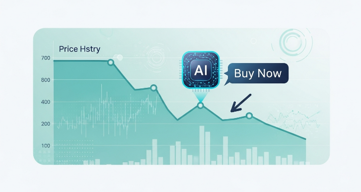 AI가 상품 가격 변동을 분석하여 최저가 구매 시점을 알려주는 그래프.