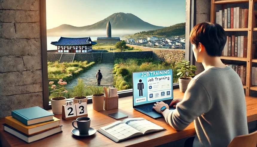 제주 지역에서 직업훈련을 준비하며 공부하는 청년의 따뜻하고 평화로운 학습 공간 이미지