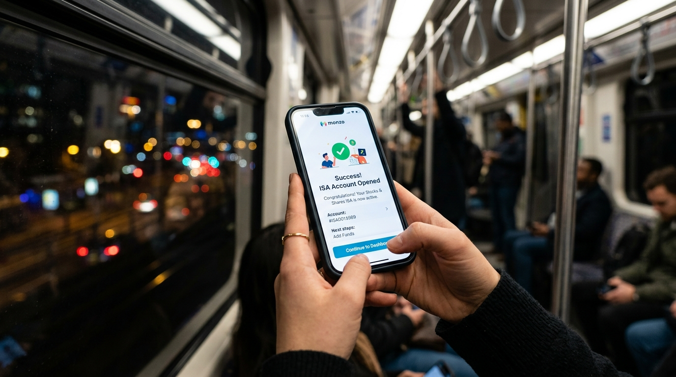 지하철에서 스마트폰으로 ISA 계좌 개설을 5분 만에 끝내고 뿌듯해하는 직장인의 모습
