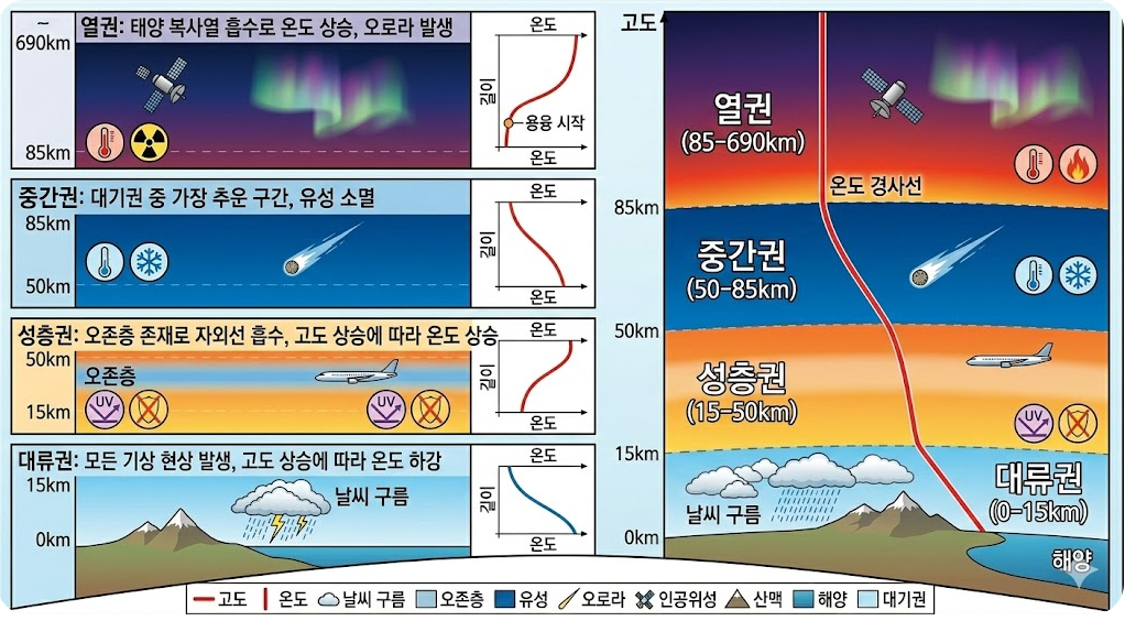 대기권 구조 대류권 성층권 중간권 열권 온도 변화 고도별 층