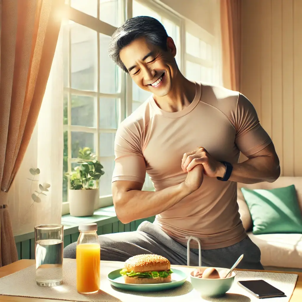 아침 햇살 속에서 스트레칭하며 물병과 건강한 아침식사를 곁에 두고 평온하게 미소 짓는 동양인 중년 남성의 초고해상도 사진 (면역력 강화 루틴 표현)