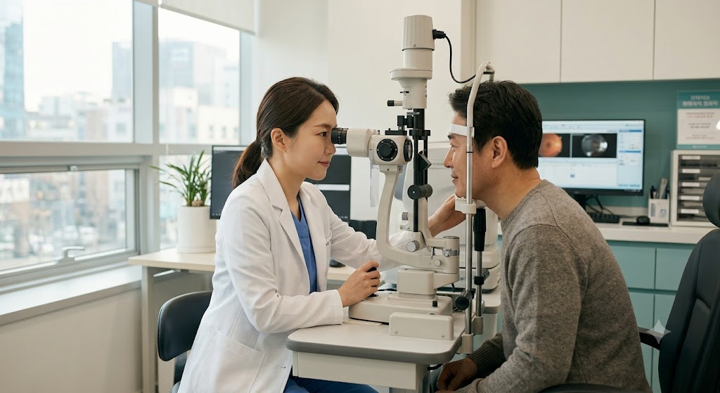 안과에서 세극등 검사를 받는 환자와 의사의 진료 장면