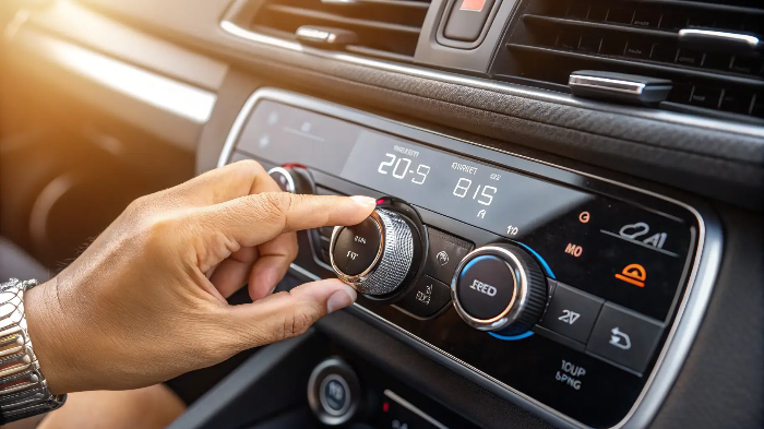 자동차 에어컨 컨트롤러를 손으로 만지는 모습