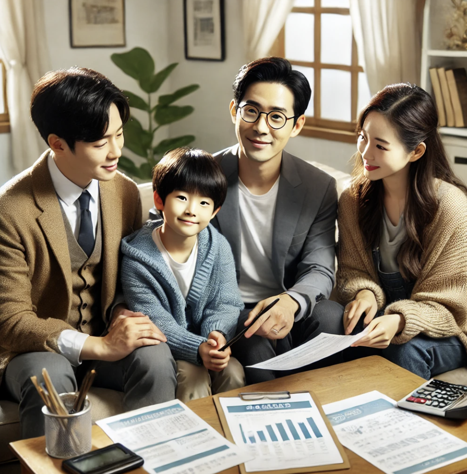 가족이 거실에서 재산 증여와 관련된 문서를 검토하는 장면