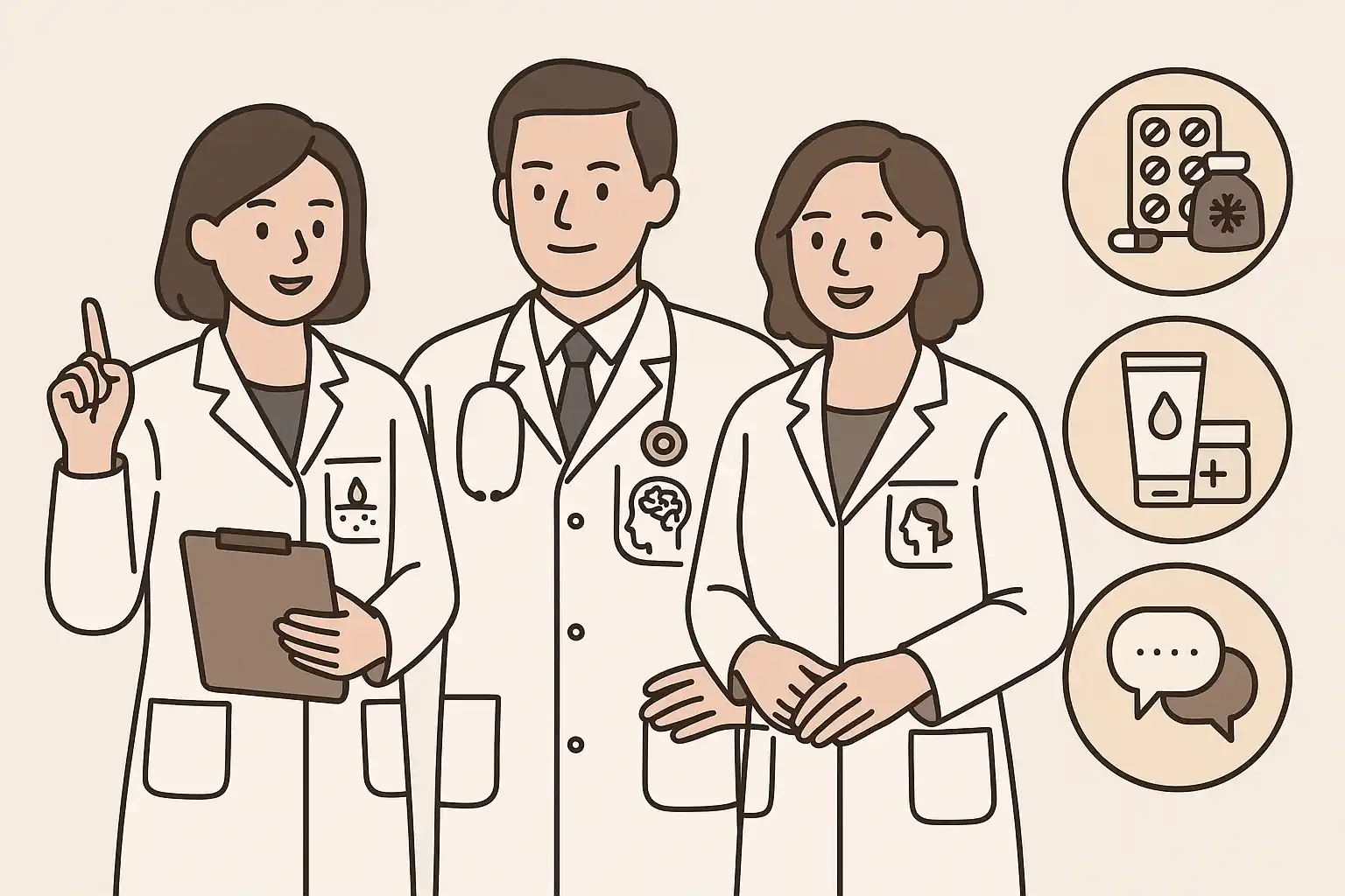 다학제 협진을 표현하는 장면, 피부과(피부·보습), 신경과(신경치료), 정신건강의학과(심리상담) 의료진