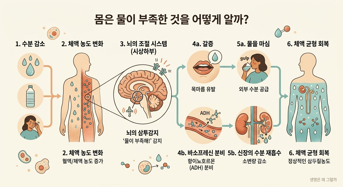 체액의 삼투질농도 변화 → 뇌의 삼투감지 → 갈증·바소프레신 분비 → 물 섭취·신장의 수분 재흡수 → 체액 균형 회복을 보여주는 생리학적 도식