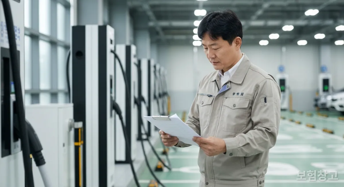 전기차 충전시설 옆에서 서류를 검토하는 한국인 시설 관리자