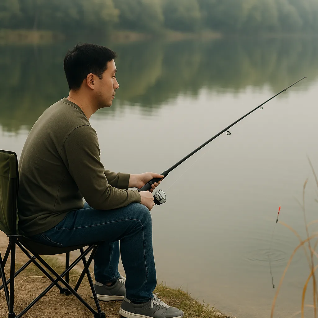 고요한 호숫가에서 찌낚시 중인 남성 모습