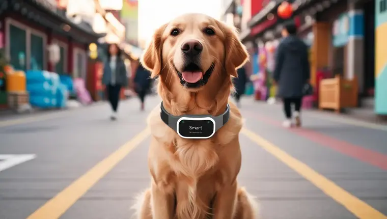 목걸이처럼 반려동물 웨어러블 기기를 착용한 골든 리트리버: 도시거리를 배경으로 크게 웃고있음, 반려동물 IT 기술 콘셉트