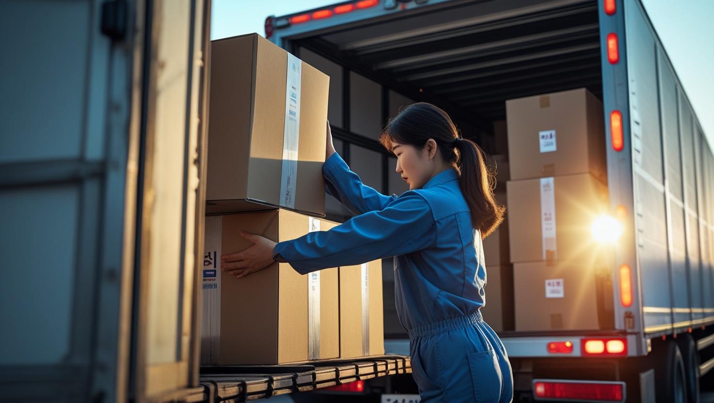 이른 아침 이삿짐을 트럭에 싣고 있는 모습