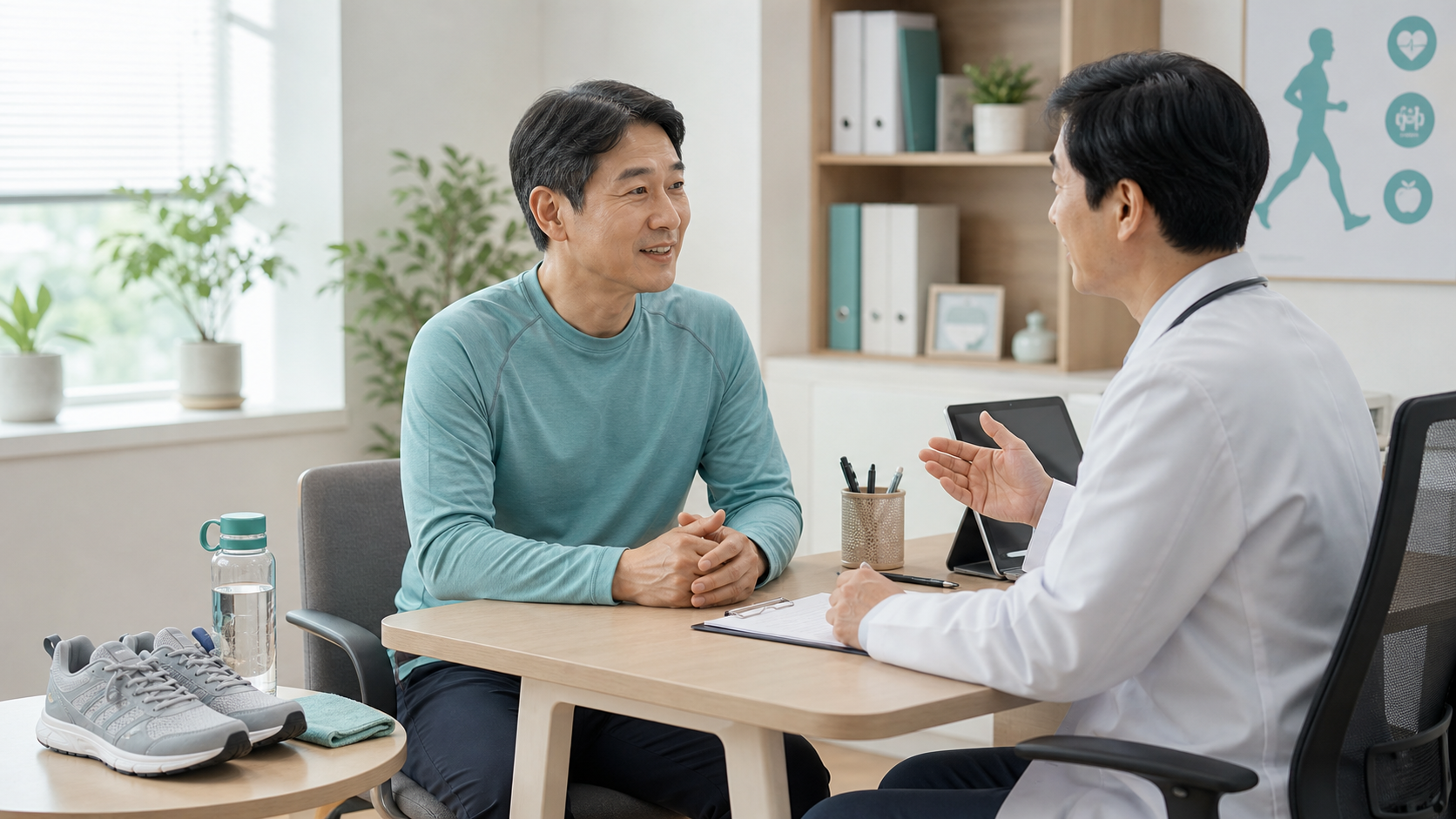 혈압약 먹는 중 운동을 시작하기 전 의료진과 상담하는 장면