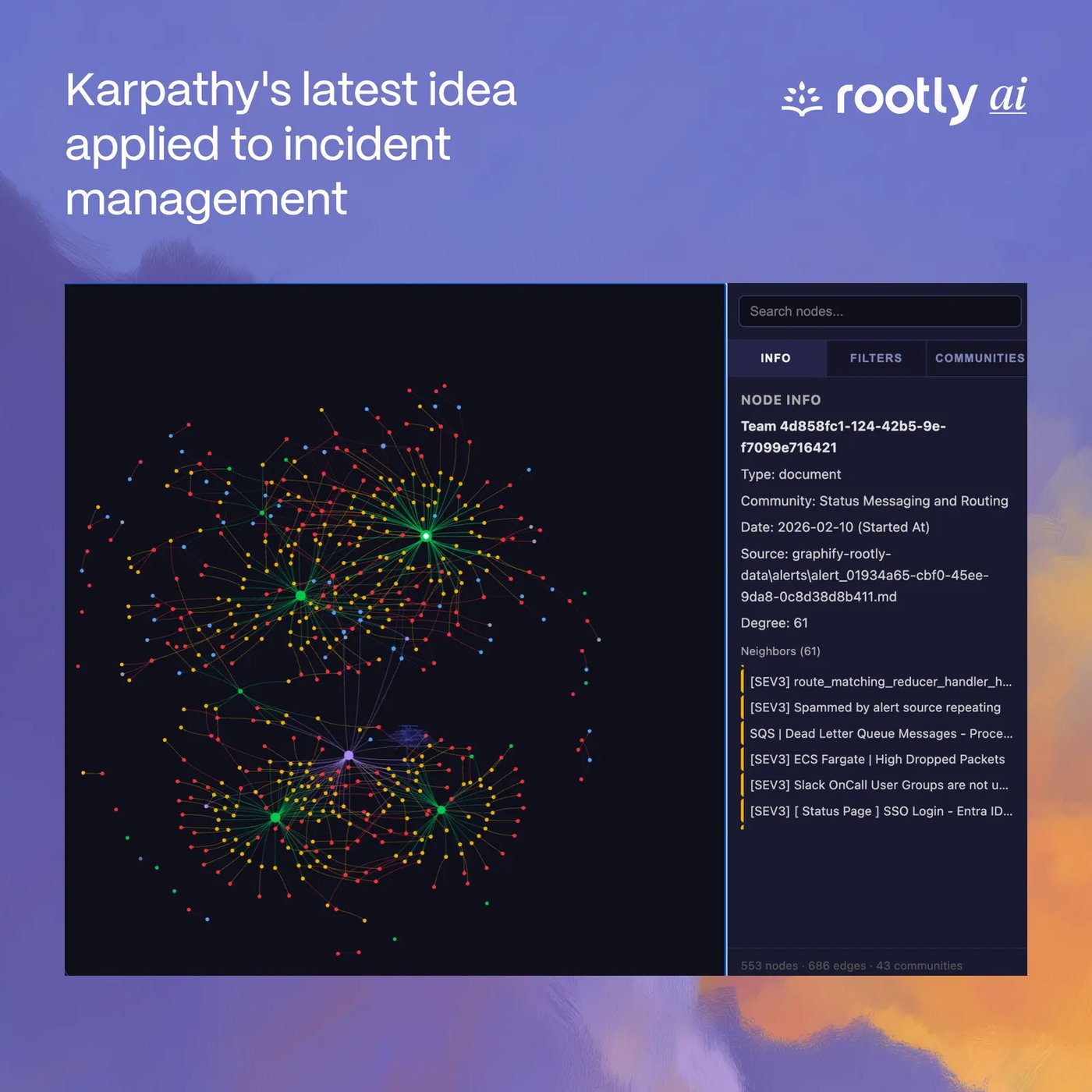 Rootly 장애 데이터로 만든 Graphify 그래프 화면