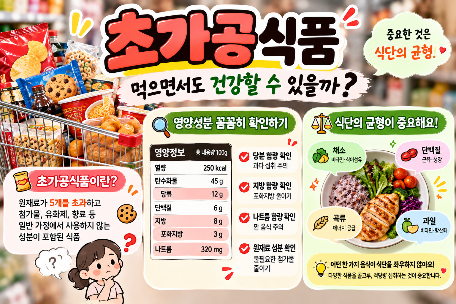 초가공식품의 건강 영향과 영양성분 확인, 균형 잡힌 식단의 중요성을 소개하는 건강정보 썸네일 이미지. 왼쪽에는 과자, 라면, 음료 등 다양한 가공식품이 담긴 쇼핑카트가 있으며, 중앙에는 영양정보 표시와 함께 당류, 지방, 포화지방, 나트륨 및 원재료 확인 방법이 정리되어 있다. 오른쪽에는 채소, 과일, 곡류, 단백질 식품으로 구성된 균형 잡힌 식단이 표현되어 있다. 초가공식품을 무조건 피하기보다 영양 성분을 꼼꼼히 살펴보고 다양한 식품을 적절하게 섭취하는 건강한 식습관의 중요성을 강조한다.