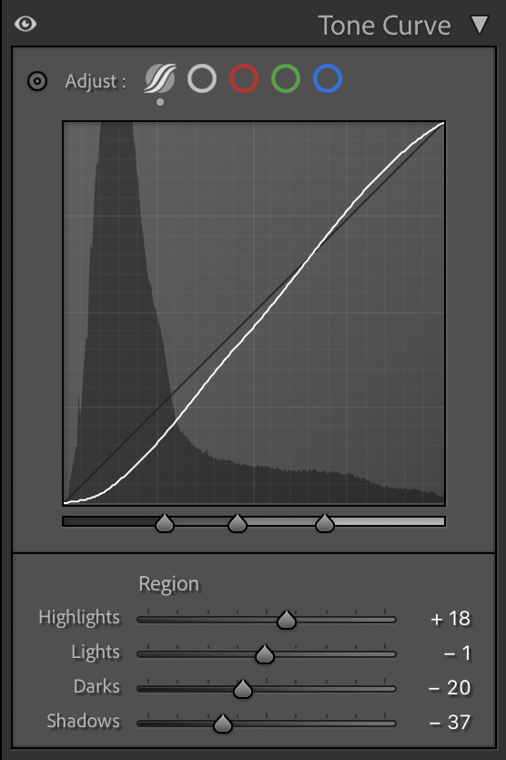 라이트룸 톤 곡선 조정창