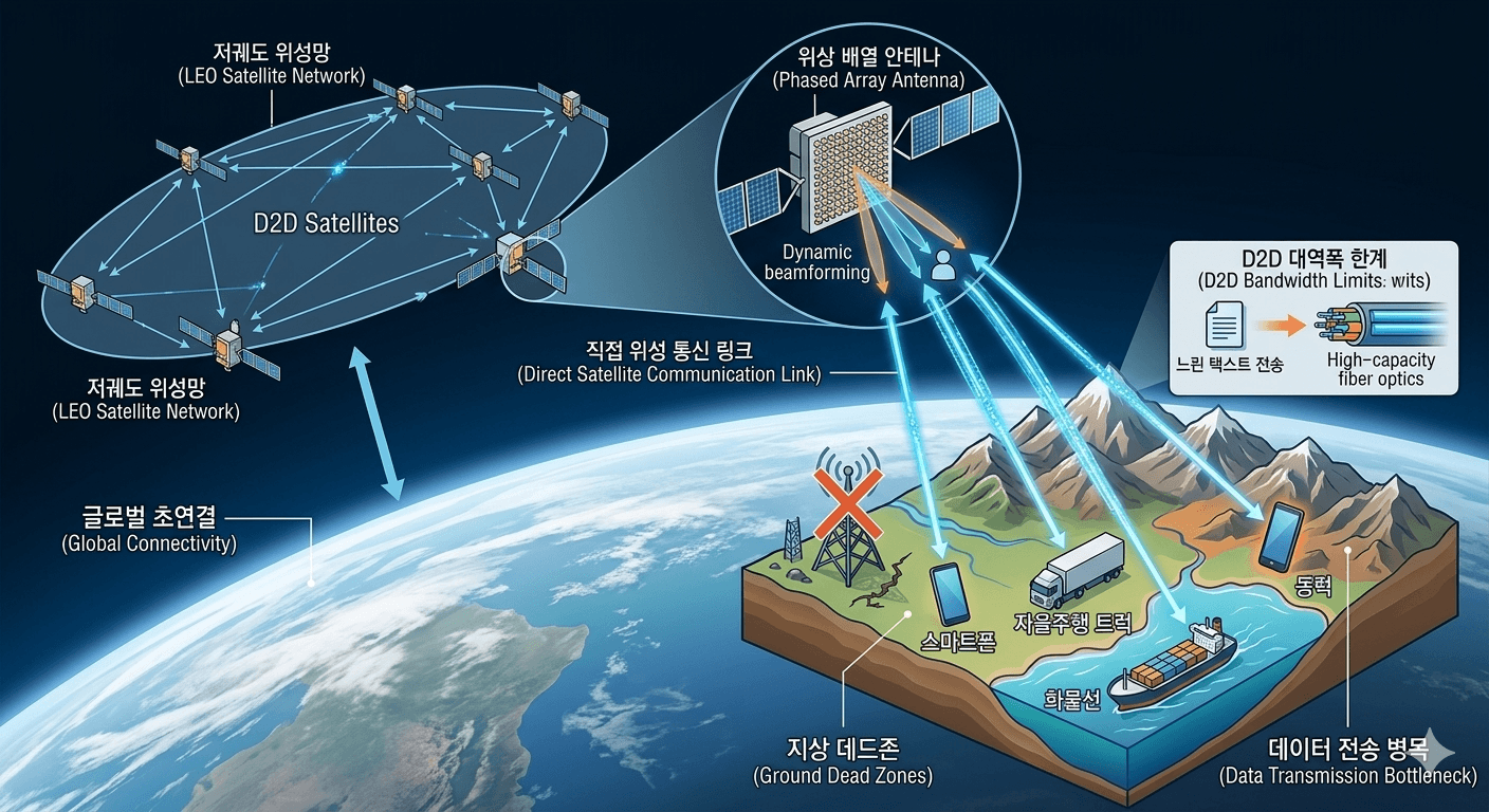 D2D 위성 통신의 전체 연결 구조와 데이터 전송의 병목 구간을 보여주는모습