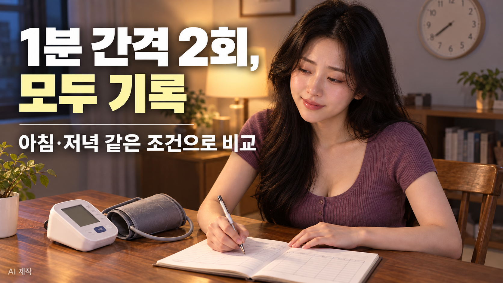저녁 실내에서 혈압계 옆 수첩에 측정 결과를 기록하는 여성