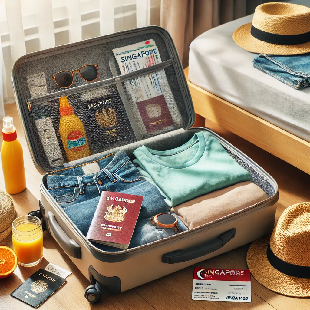 싱가포르 여행 가방을 싸는 모습, 반팔 옷, 선크림, 여권, 교통카드, 모자 등이 놓인 트래블 씬