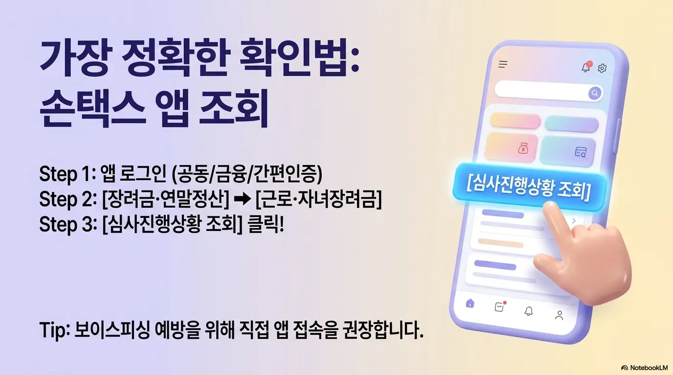 근로자녀장려금 신청자격: 손택스 앱으로 근로장려금 심사 진행상황을 조회하는 방법을 스마트폰 화면으로 보여주는 이미지. 앱 로그인 후 장려금&middot;연말정산 메뉴에서 근로&middot;자녀장려금으로 들어가 심사진행상황 조회를 누르는 단계와 보이스피싱 예방을 위해 직접 접속을 권장한다는 내용을 시각적으로 전달함. 블로그의 근로장려금 홈택스 조회 방법과 관련된 내용을 설명함 