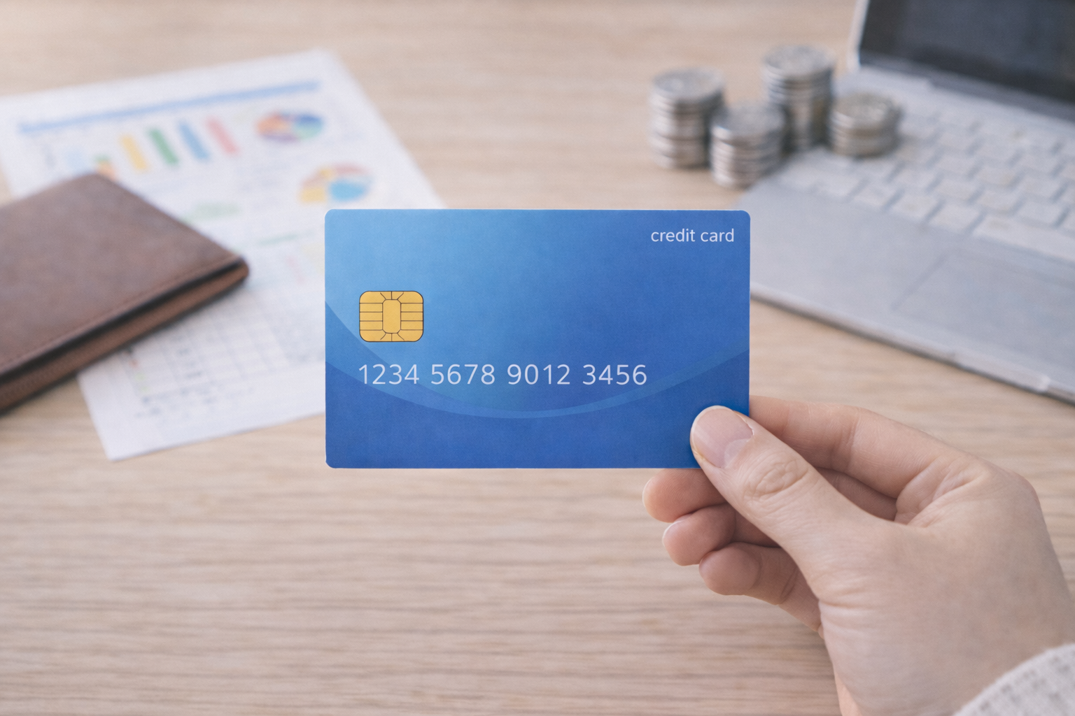 밝은 나무 책상 위에서 한 손으로 파란 신용카드를 들고 있는 노트북이 흐릿하게 보이는 이미지