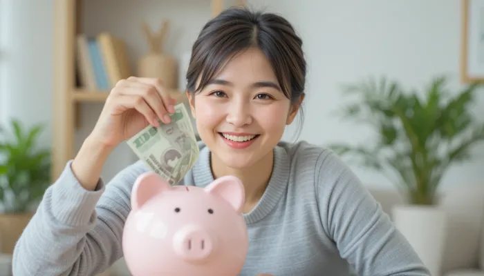 돼지저금통에 돈을 넣으며 긍정적인 흐름을 기대하는 여성
