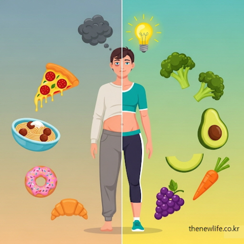 밀가루 섭취 전후의 식습관과 몸 상태 변화 &ndash; 밀가루 끊기 효과를 나타내는 대표 이미지