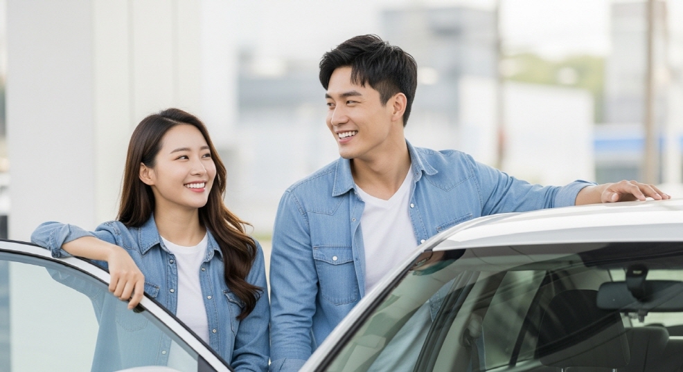 차량 주유 중 미소 짓는 젊은 부부