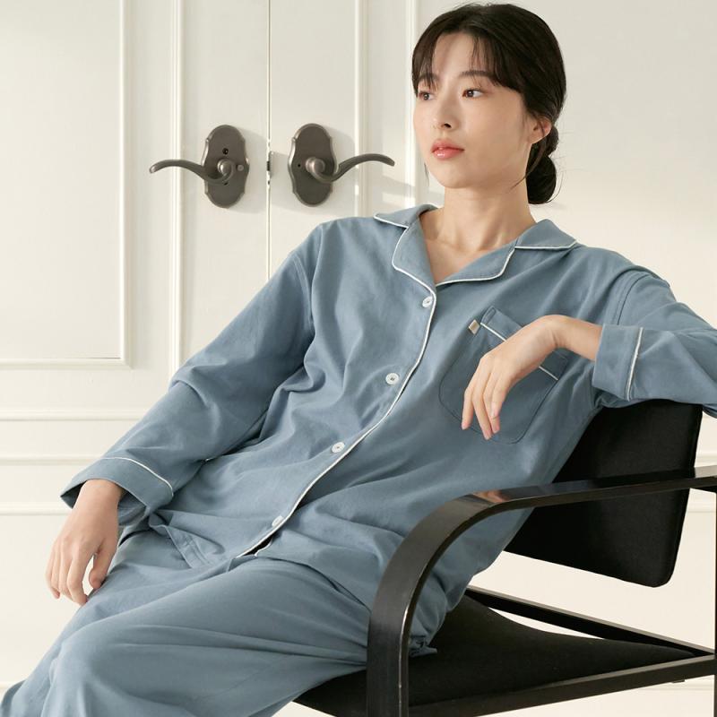 메이플라워 소프트블루 순면 긴팔 여성 잠옷 세트
