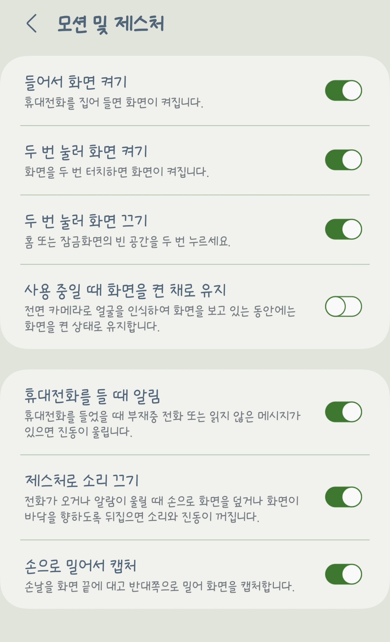 모션 및 제스쳐 설정