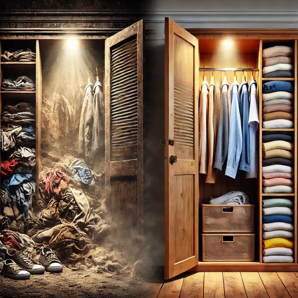 오래되고-먼지쌓인-옷장과-깔끔하고-정리가-잘된-옷장