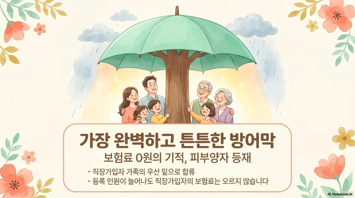 건강보험료 줄이는 방법: 피부양자 등재로 건강보험료를 0원으로 만드는 전략을 설명하는 일러스트. 큰 우산 아래 3세대 가족이 함께 서 있으며 직장가입자 가족의 우산 밑으로 합류하면 등록 인원이 늘어나도 직장가입자의 보험료는 오르지 않는다는 내용이 담겨 있다.