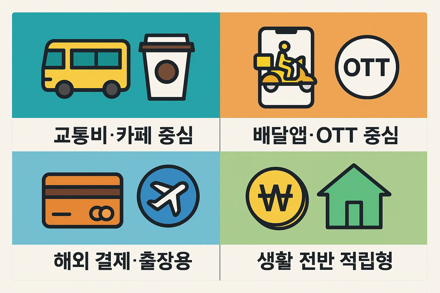 교통비, 카페, 배달앱, OTT, 해외 결제 등 주요 소비패턴별 맞춤 신한체크카드 추천을 정리한 인포그래픽.