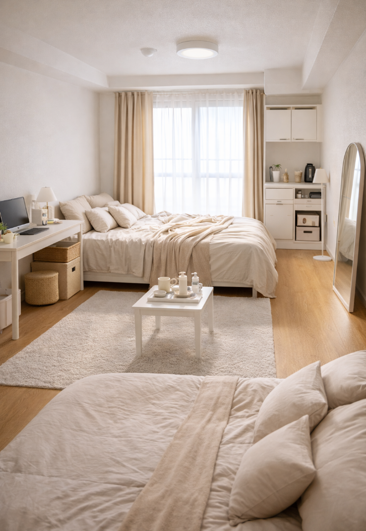 밝은 커튼과 침구, 러그를 활용해 좁은 방을 넓어 보이게 만든 원룸 인테리어