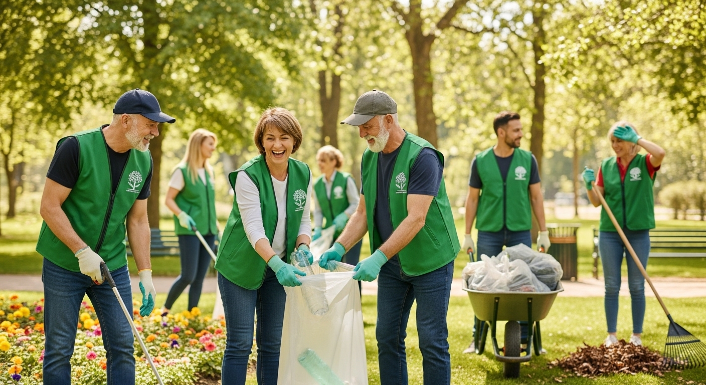 지역사회 공헌 활동에 참여하며 즐거워하는 중년 자원봉사자들의 모습