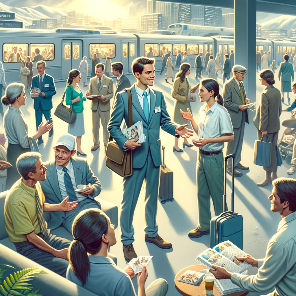 현대인이 바쁜 일상 속에서도 복음을 전하며 전단지를 나누어 주는 모습이 담긴 이미지입니다. 다양한 환경에서 사람들과 대화를 나누고, 전단지를 건네며 복음을 전하는 모습이 포함되어 있습니다