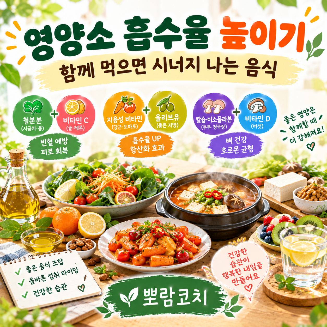 올리브유에 정갈하게 볶아진 당근과 토마토, 신선한 과일이 놓인 시너지 식탁
구수한 표고버섯 두부찌개가 보글보글 끓으며 영양 시너지를 더하는 한식 차림