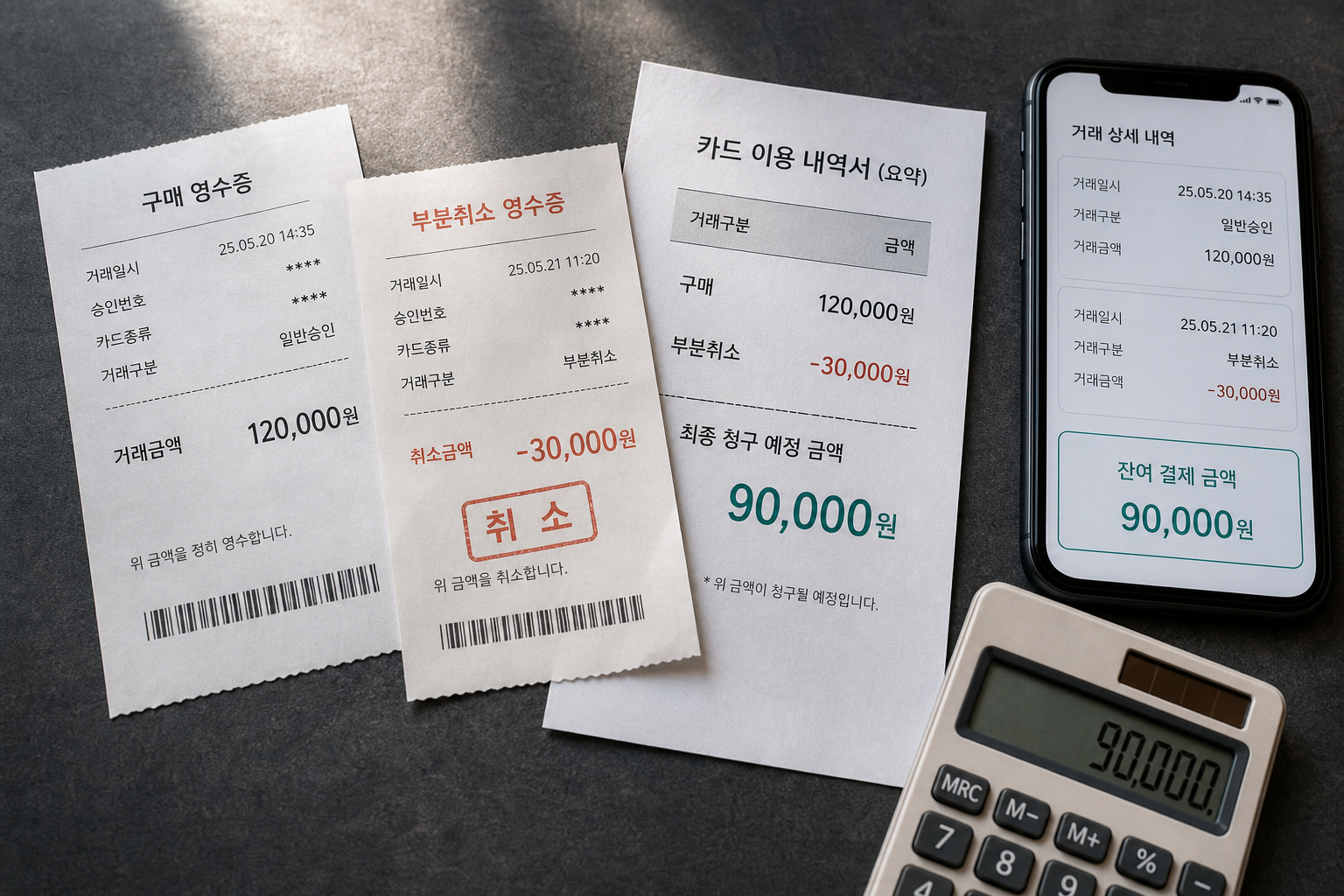 할인이 없는 12만원 결제에서 3만원을 취소한 영수증 예시. 실제 거래 내역이 아니다.