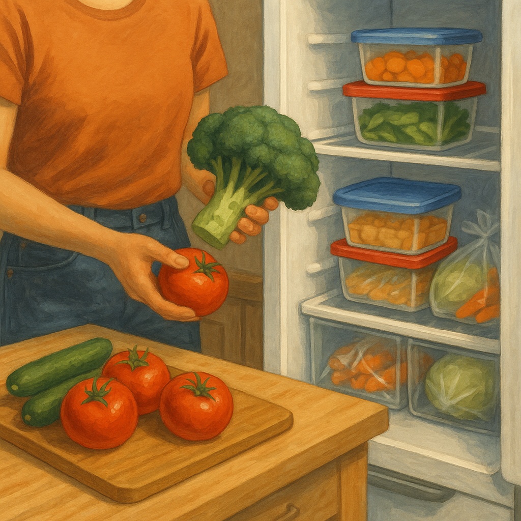 여름철 위생을 위해 채소를 냉장고에 깔끔하게 보관하는 사람의 부엌 장면