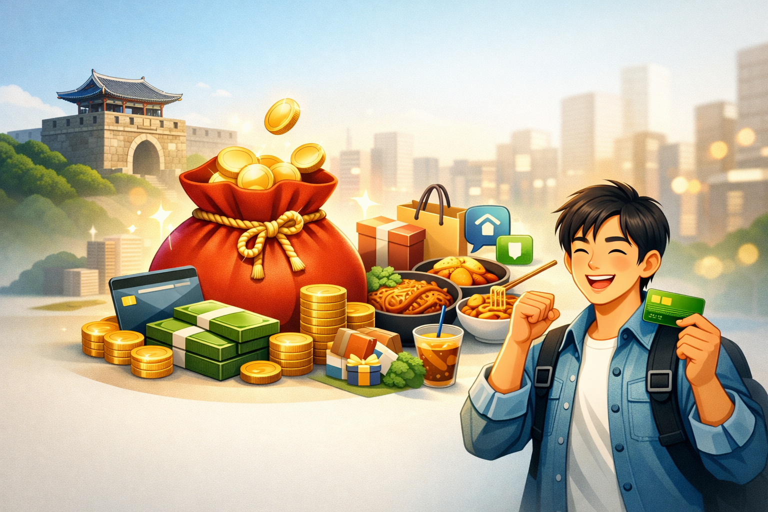 수원 청년 기본소득을 상징하는 세련된 인포그래픽. 금화와 복주머니, 쇼핑&middot;식사 아이콘, 카드를 든 청년이 생활비 지원 혜택을 표현한 이미지.